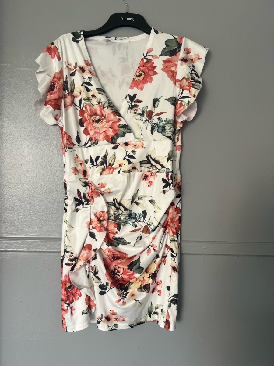 Women’s White Floral Ruched Wrap Bodycon Dress Size XL
