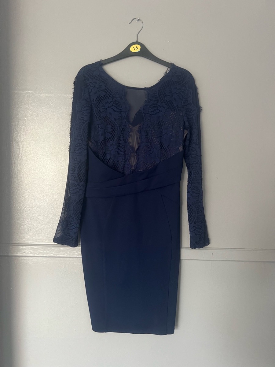 Lipsy London Navy Lace Bodycon Midi Dress UK 12 Long Sleeve Occasion