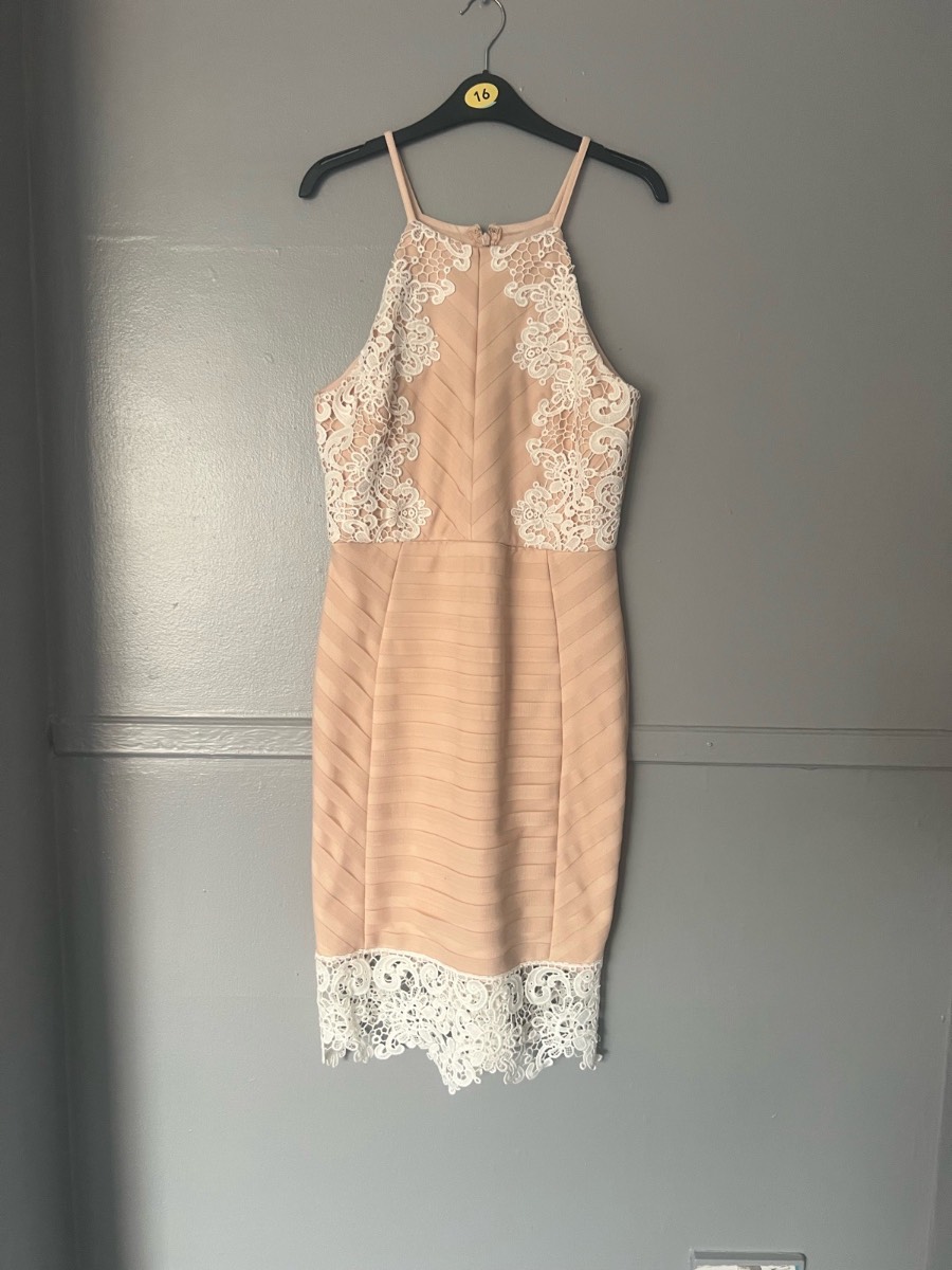 Lipsy London Love Michelle Keegan Nude Lace Bodycon Midi Dress UK 12 Occasion