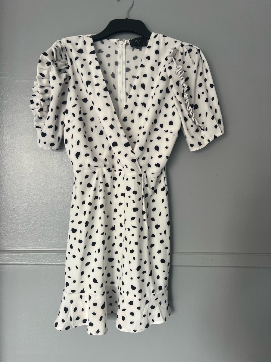 AX Paris White Black Polka Dot Frill Sleeve Wrap Mini Dress Size 12