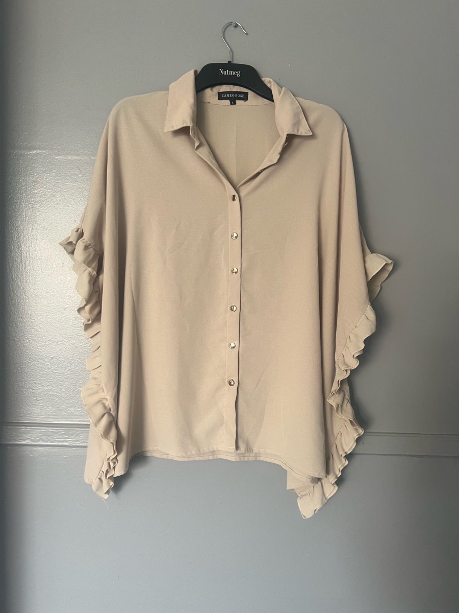 Cameo Rose Beige Frill Sleeve Oversized Shirt Blouse Size L