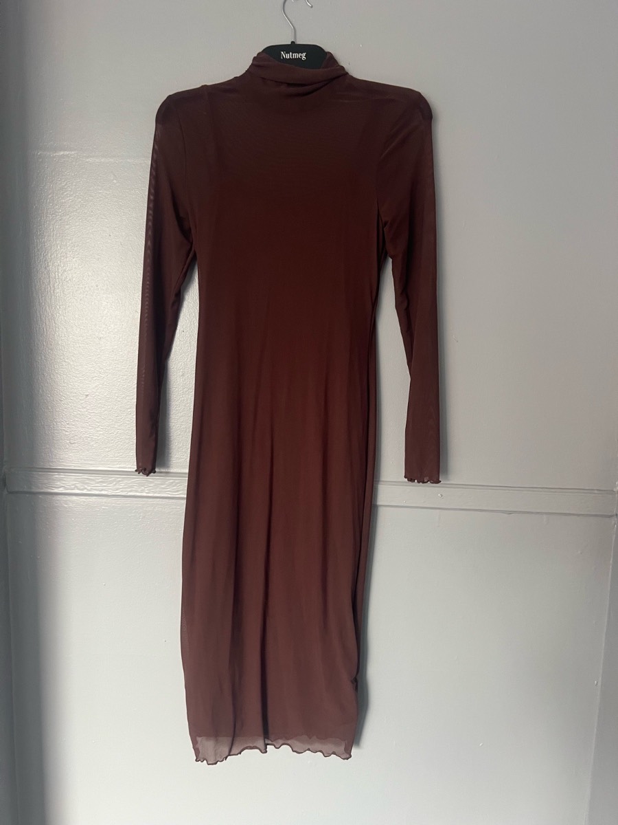 Brown Mesh High Neck Long Sleeve Midi Dress Size L (UK 12/14)
