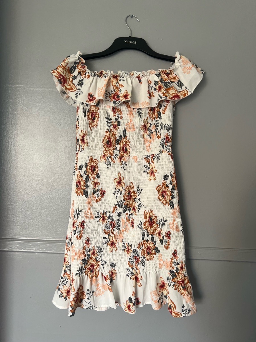 SHEIN White Floral Shirred Off Shoulder Mini Dress UK 12