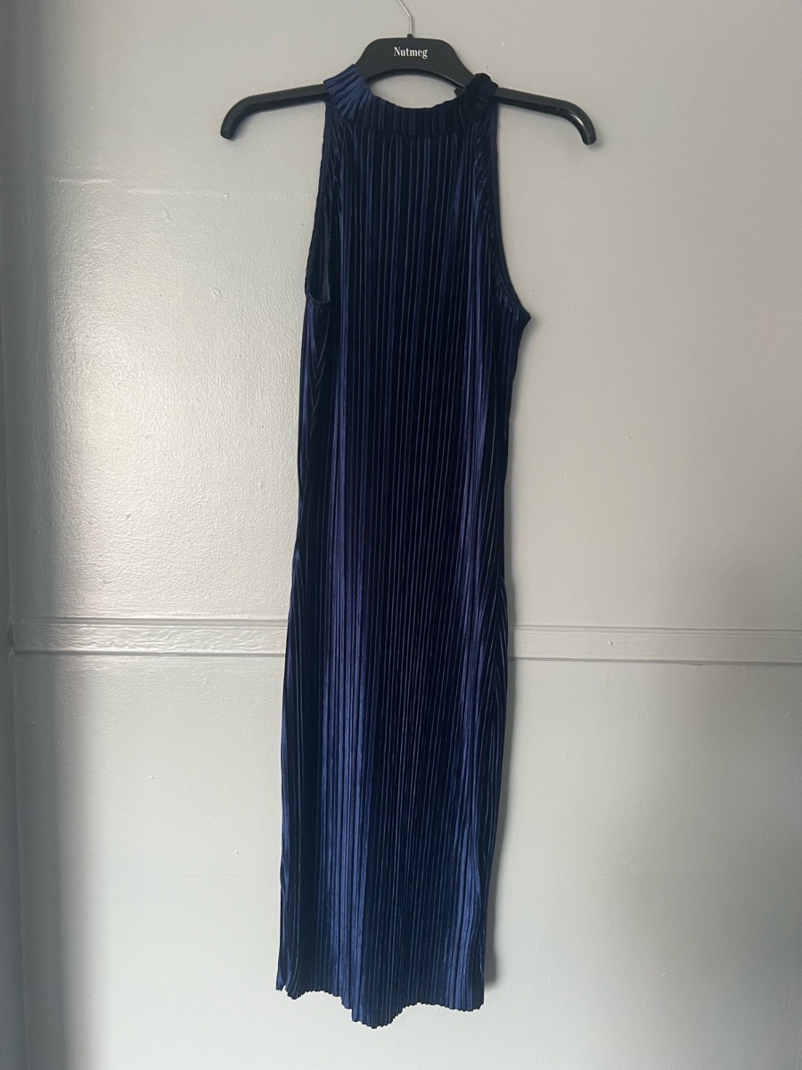 River Island Navy Velvet Pleated Midi Dress UK 12