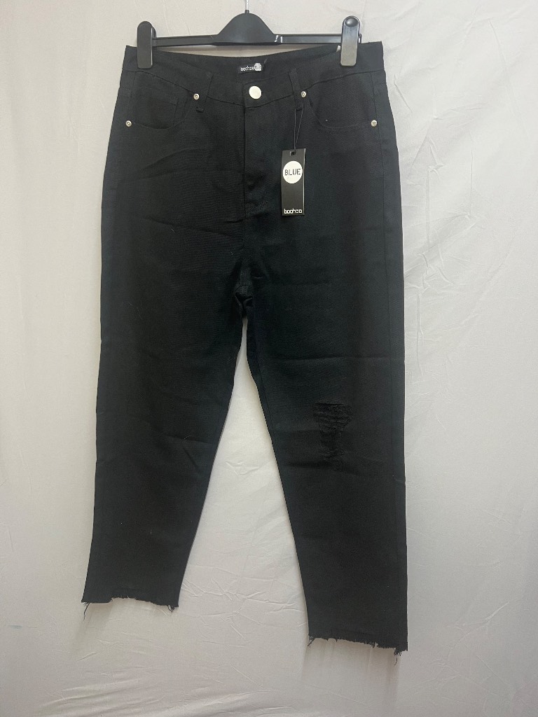 Boohoo Blue Black Distressed Mom Jeans UK 14 Frayed Hem New With Tags