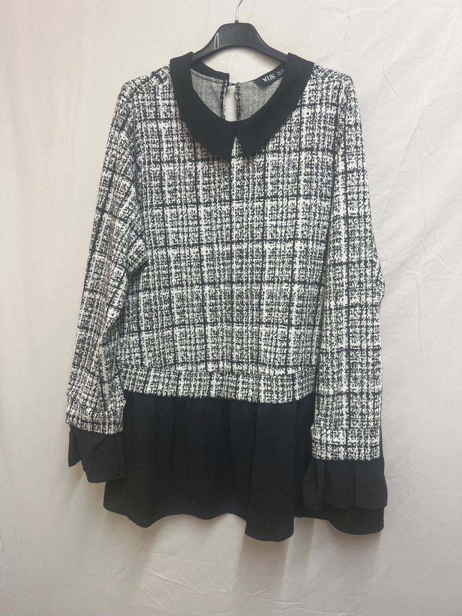 Yours Black & White Check Print Collared Peplum Blouse UK 20
