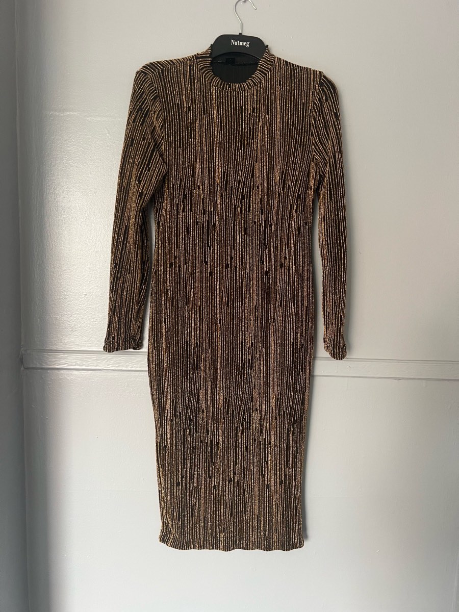 SHEIN Black & Gold Glitter Ribbed Bodycon Midi Dress Size L UK 12