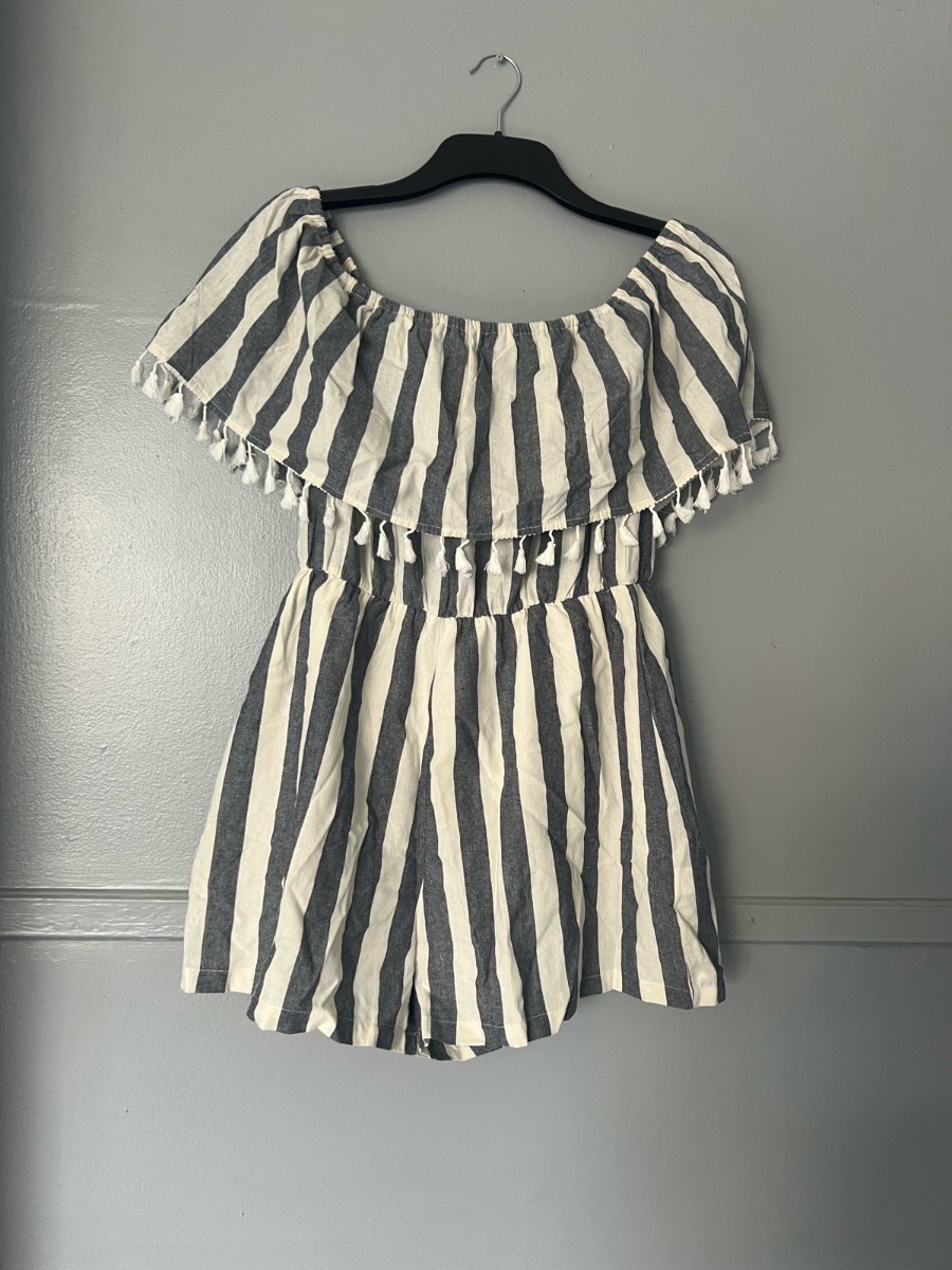 Shein Black & White Striped Tassel Bardot Playsuit Size L
