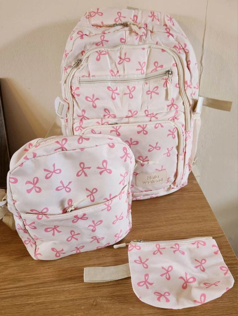 BNWT Ladies/Girls Pink Bow Back Pack, Cross Bag, Purse 3 Piece Set