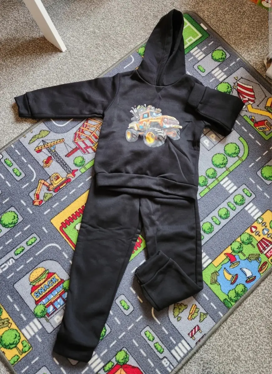 BNWOT Boys Age 5 Black Monster Truck Hoodie & Joggers Set