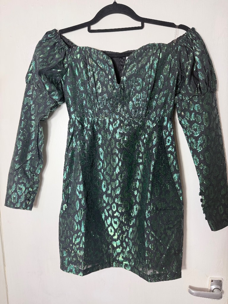 Collective The Label Black & Green Metallic Mini Dress – Size UK 4 – BNWT