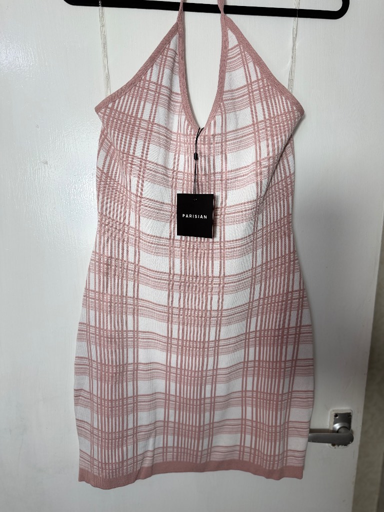 1. Parisian Pink Check Knit Halter Neck Mini Dress – Size 10 – BNWT