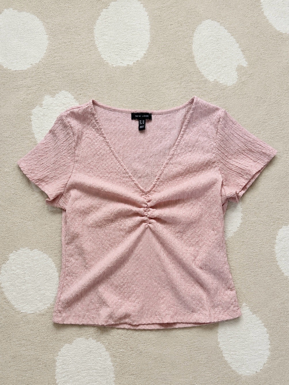 New Look Blush Pink Textured Ruched V Neck Top UK 16 Short Sleeve