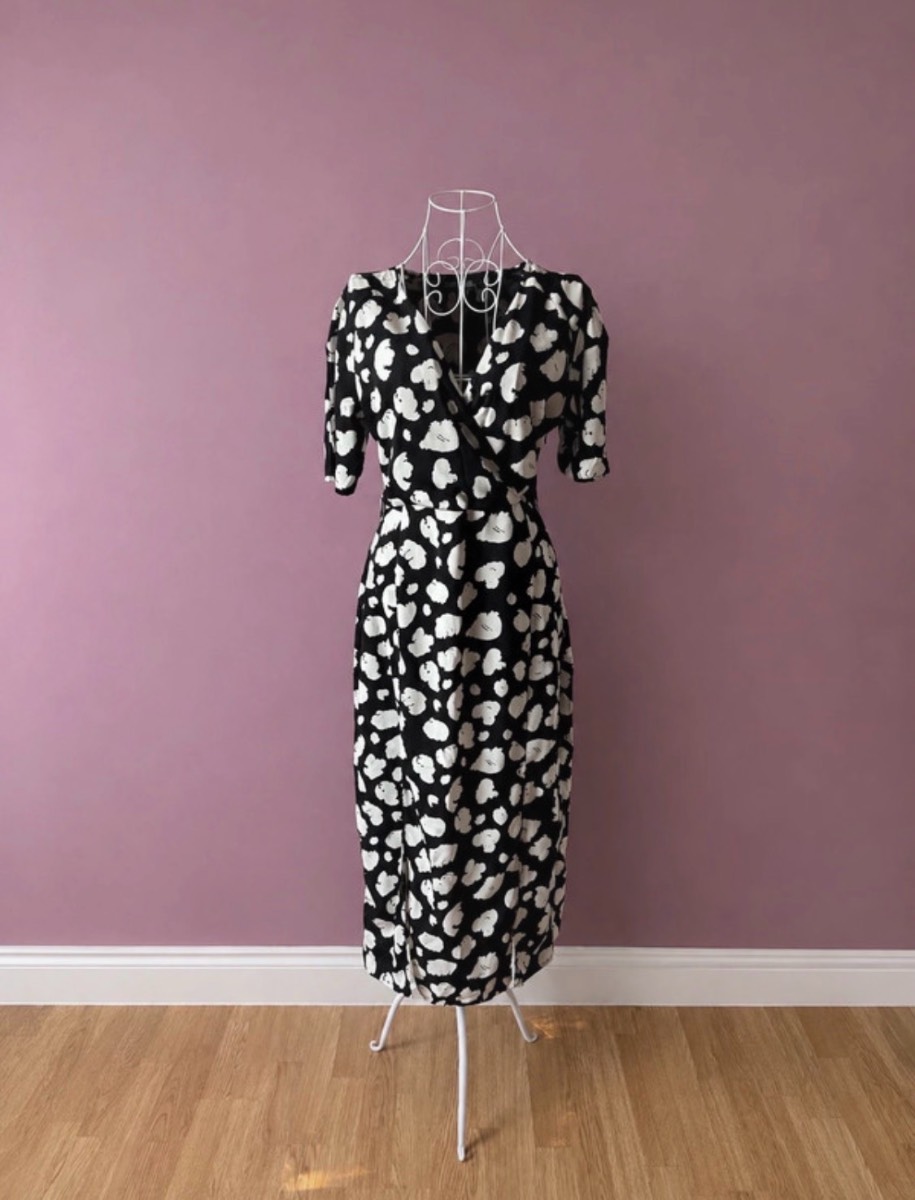 French Connection Black & Cream Printed Wrap Midi Dress UK 8