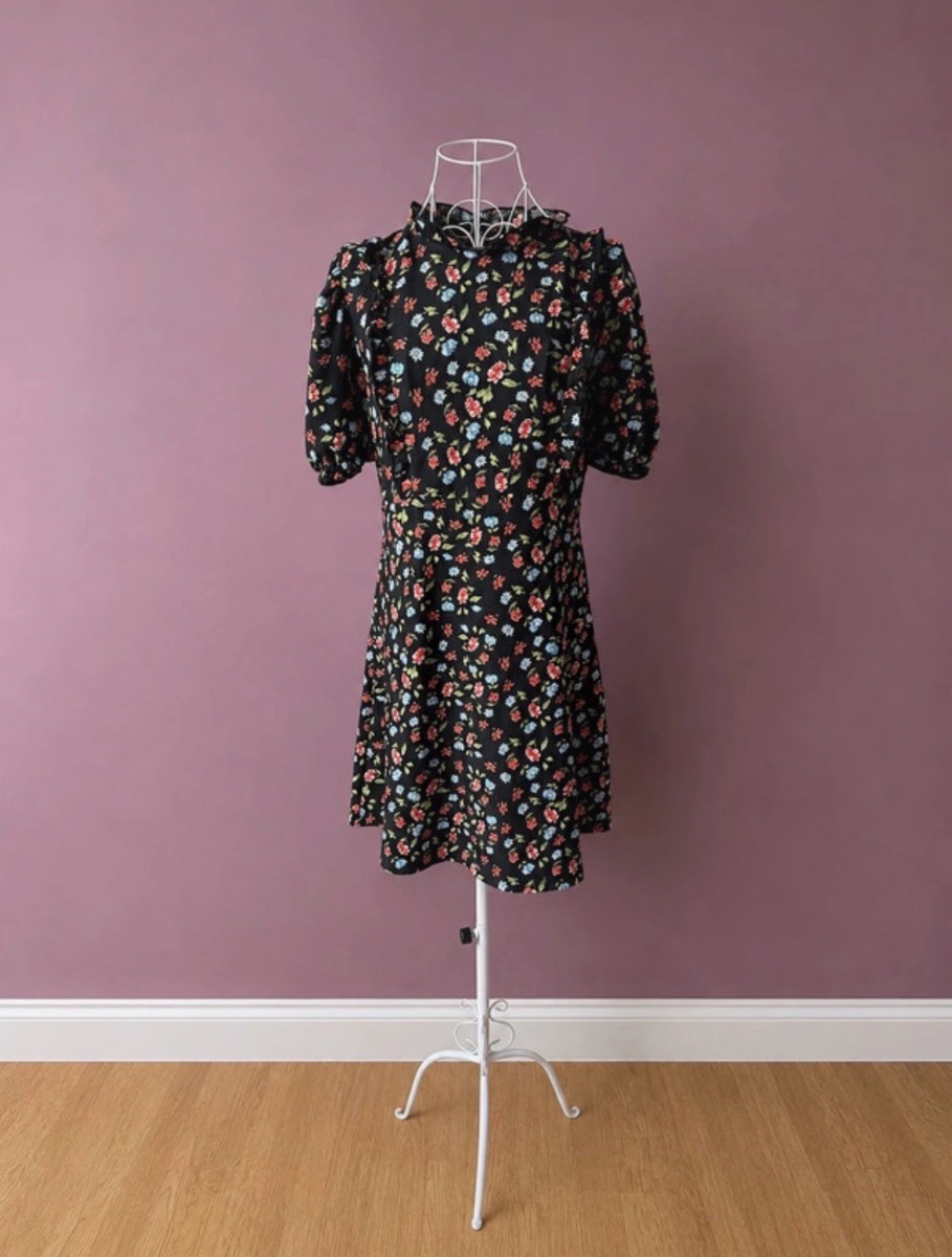 Miss Selfridge Black Floral Puff Sleeve Mini Dress UK 10