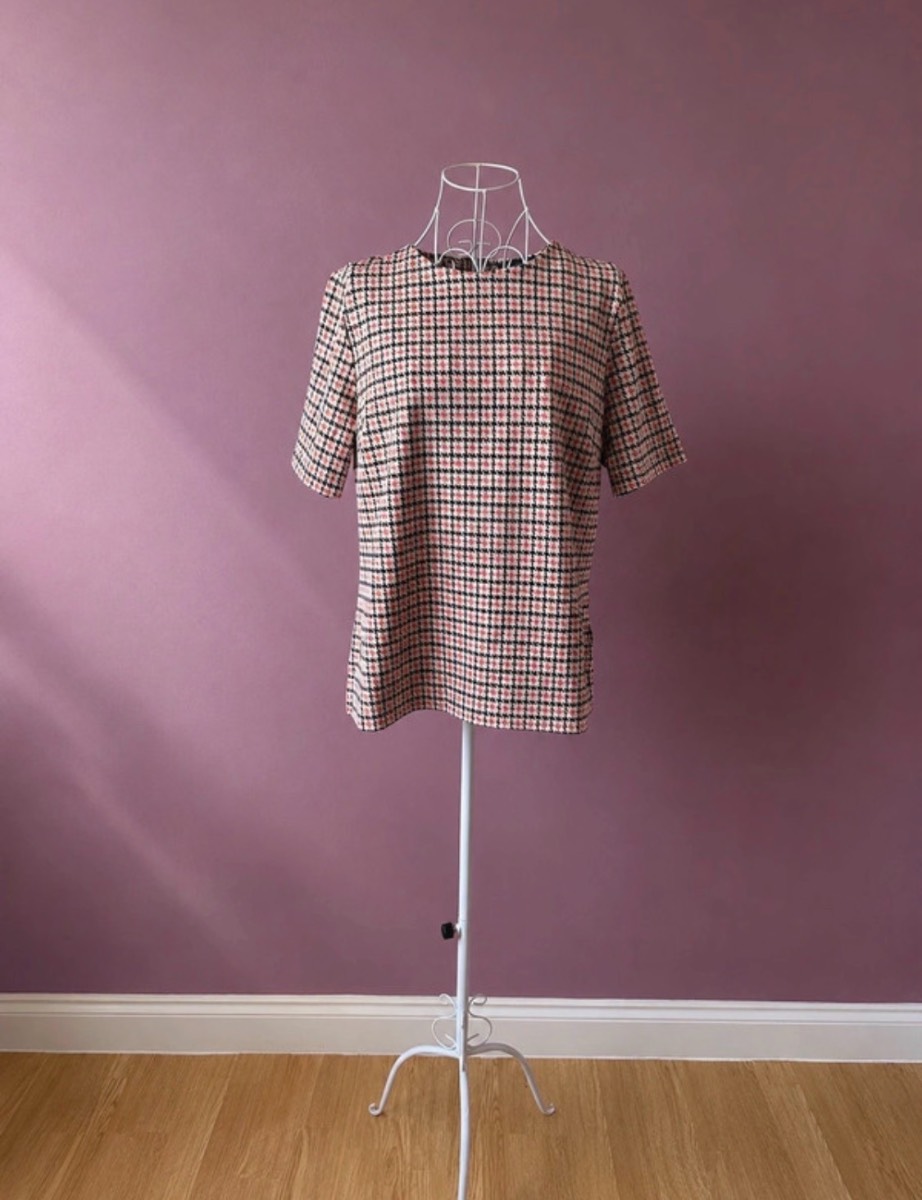 M&S Houndstooth Top UK 14 Coral Black Short Sleeve Stretch Blouse