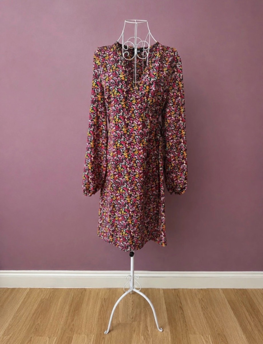 Pieces Floral Wrap Mini Dress UK L Long Sleeve V Neck Cottagecore Boho