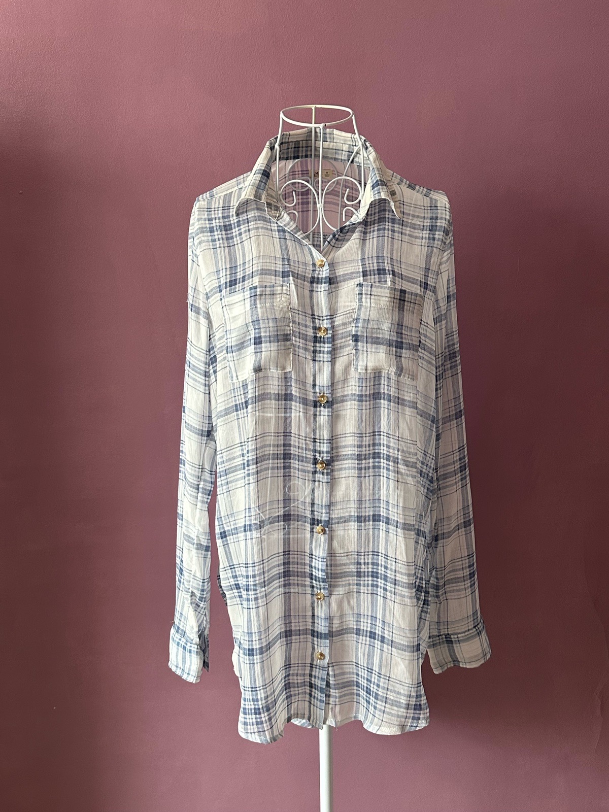 Hollister White & Blue Plaid Shirt XS Button Up