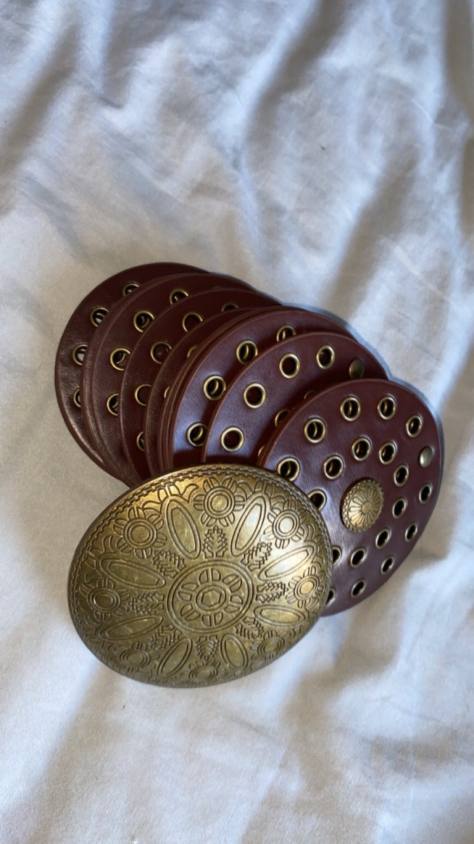 Vintage Wide Disc Belt – Burgundy Faux Leather & Antique Gold Concho Buckle