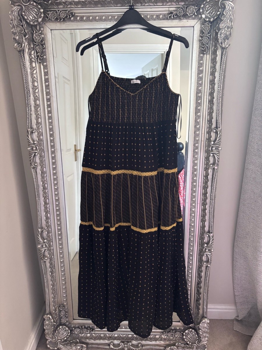 Per Una M&S women’s brand new black gold embroidered summer maxi dress 16