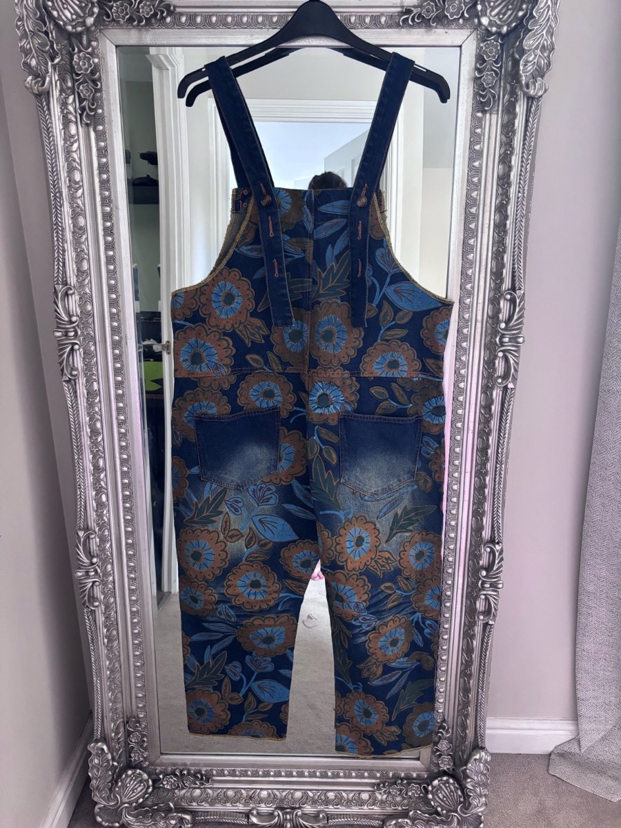 Monthorigin women’s Japanese cotton floral marigold denim summer dungarees medium