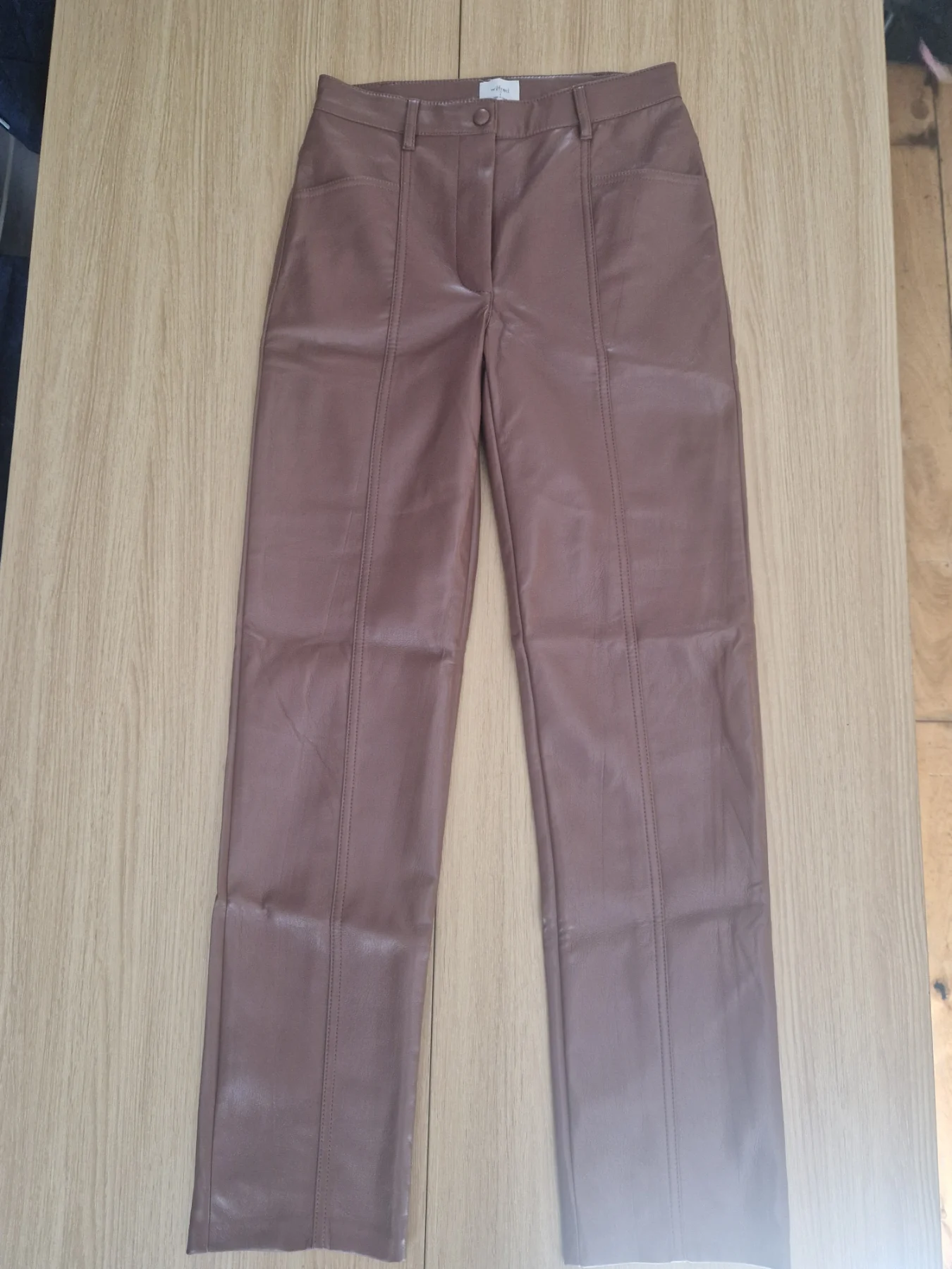 Aritzia Wilfred Vegan Faux Leather Front Seam Straight Leg Pants Brown