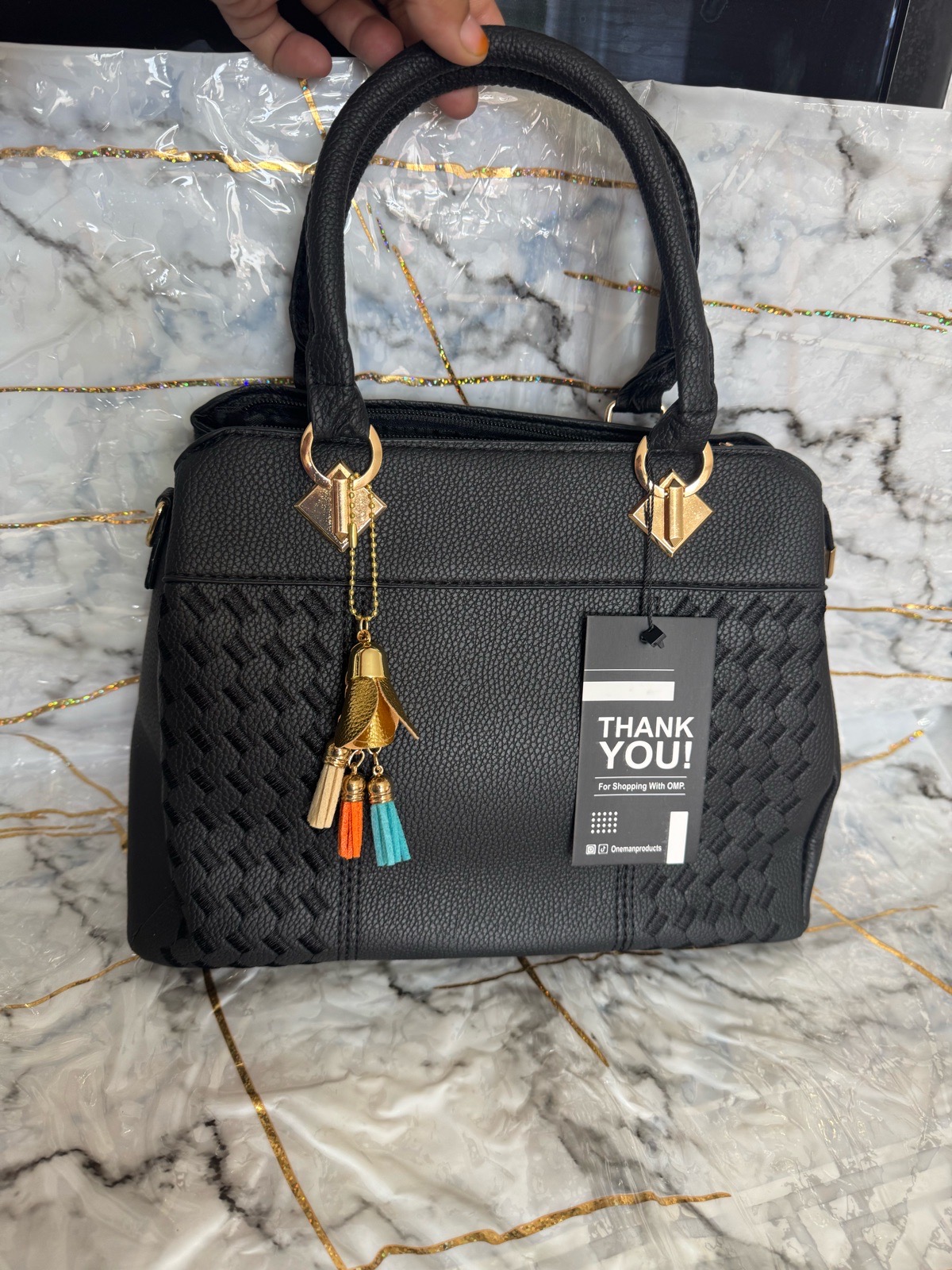 Handbag double handle long strap zipper black with free gift