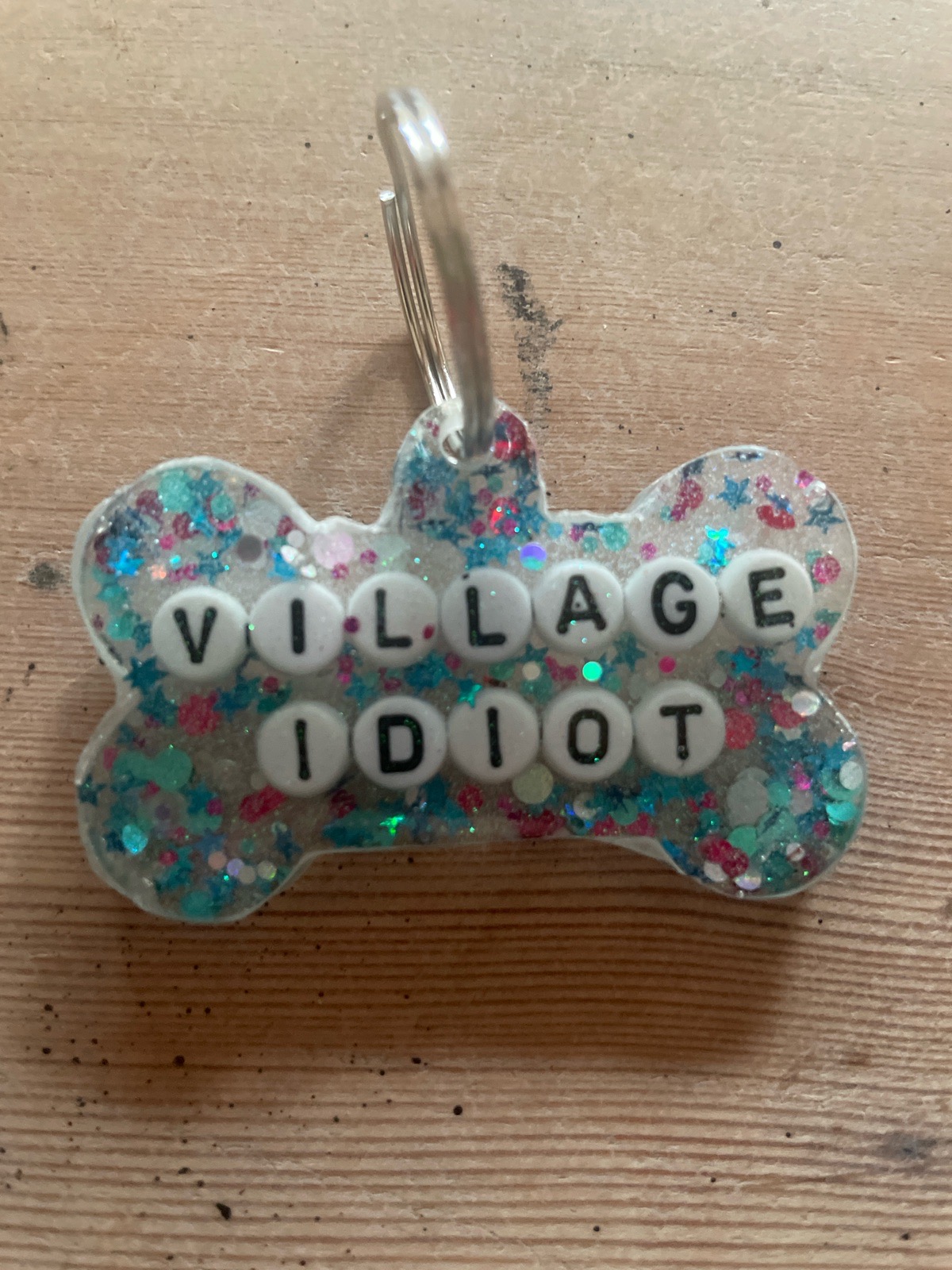 Cheeky Dog Collar Lead Tag Charm - Village Idiot - blacks and white and glitter