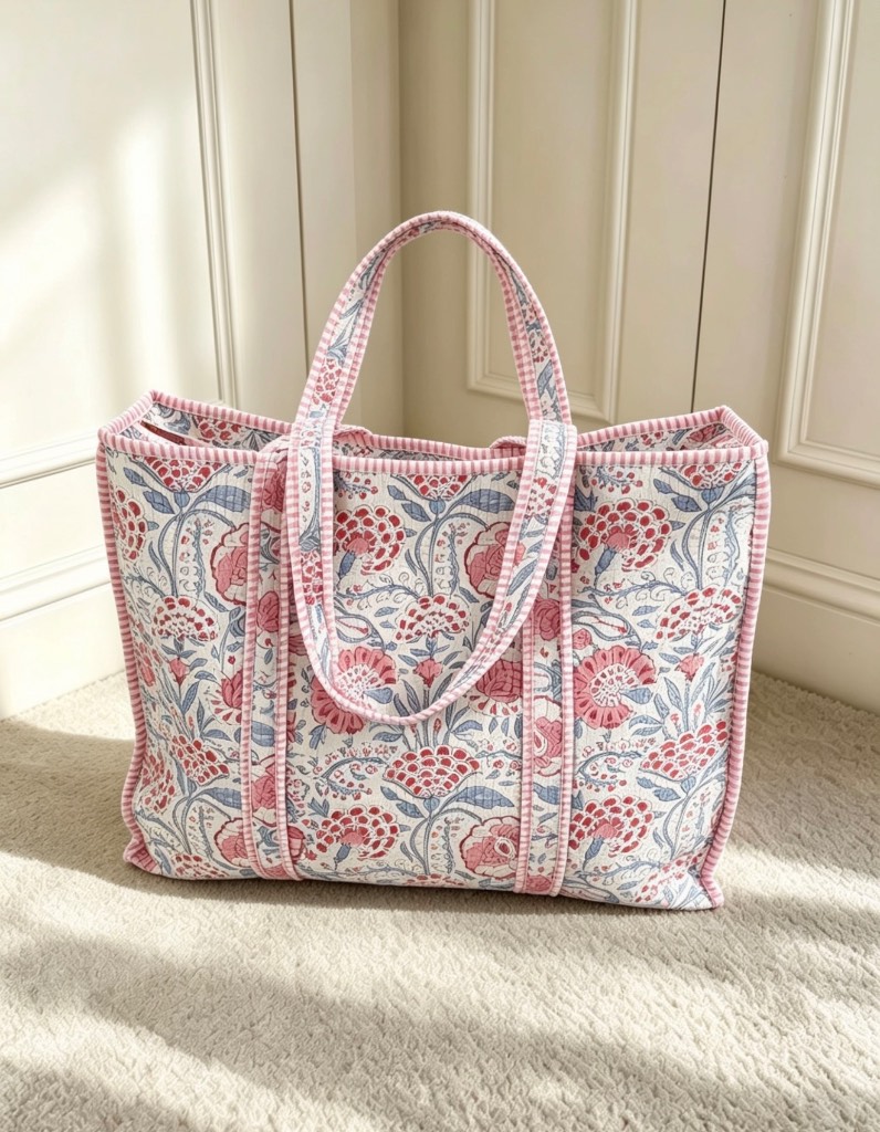 Large block print quilted tote bag zipped ethnic cotton Jaipur print