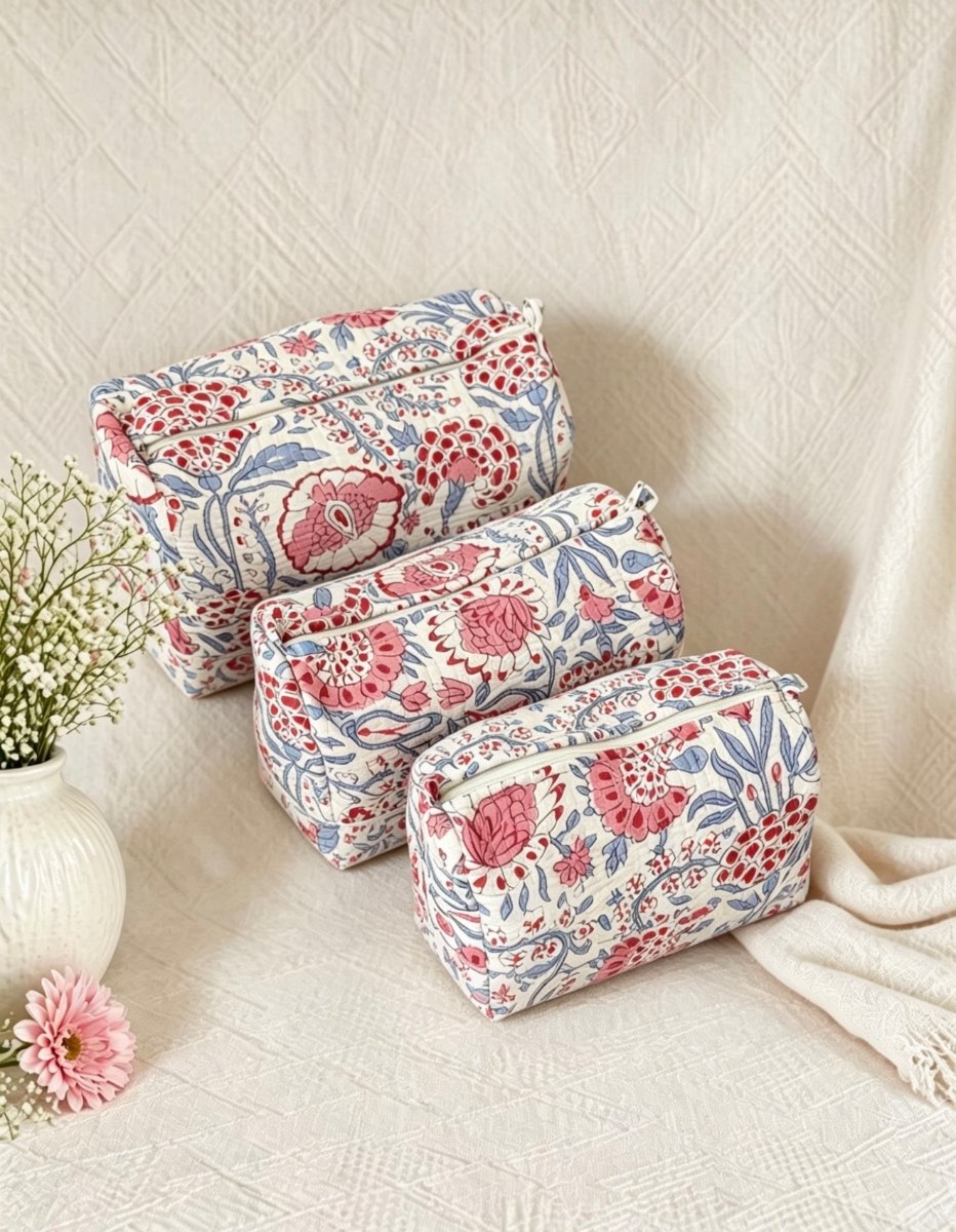 Cotton floral quilted makeup/toiletry bag set