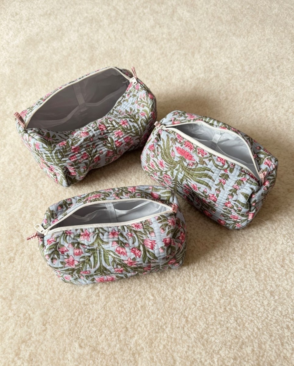 Floral Cotton block print makeup/toiletry bag set x3 quilted waterproof lined