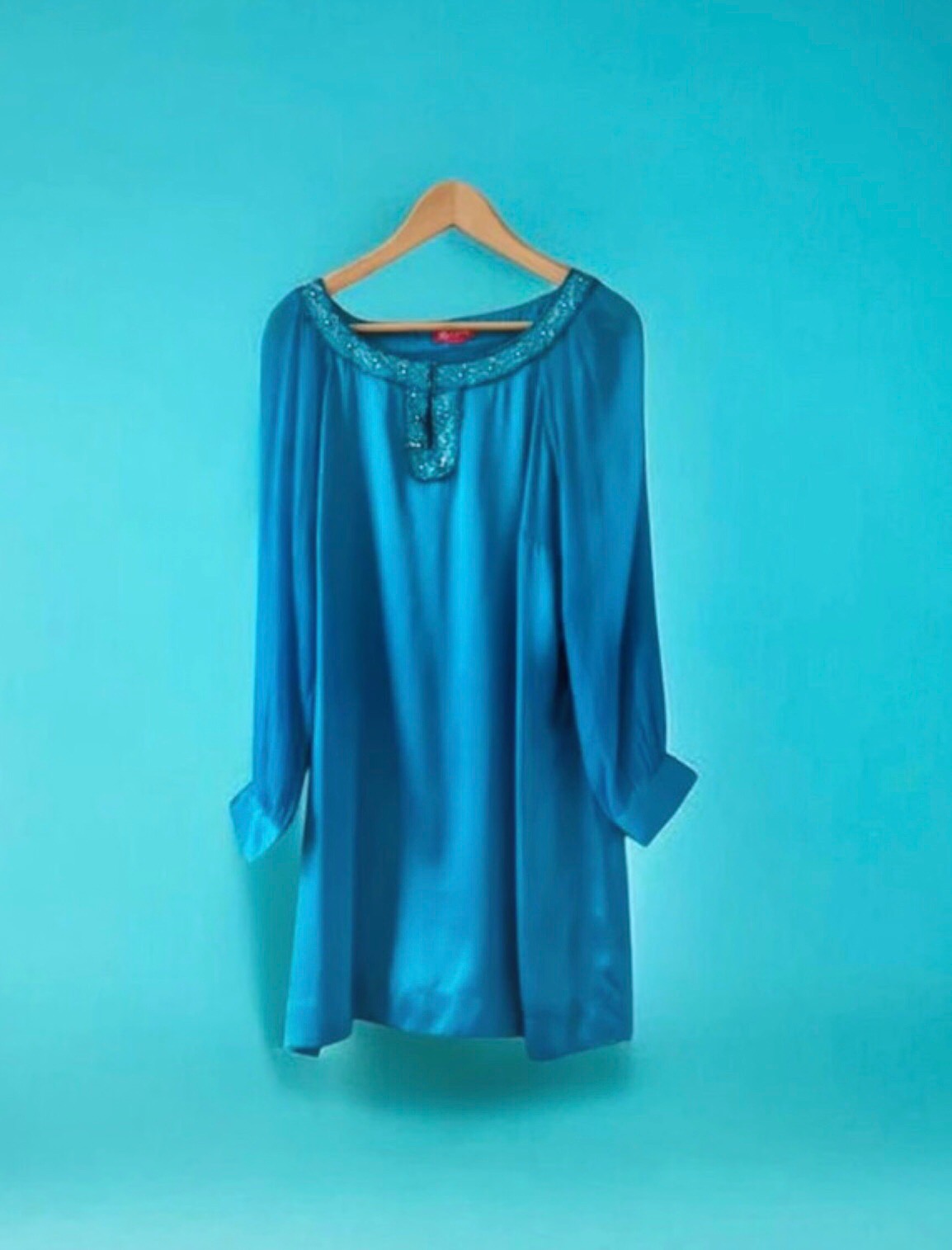 Monsoon Turquoise Blue Pure Silk Embellished Tunic Dress