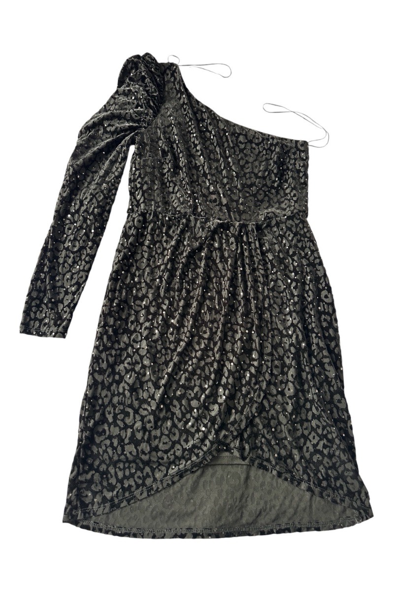 River Island One Shoulder Black Velvet Leopard Print Party Mini Dress Size UK 10