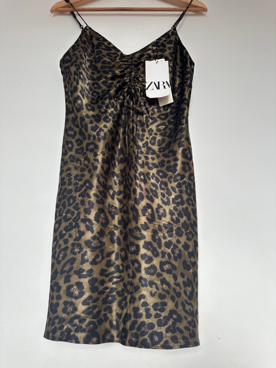 Zara Leopard Print Satin Mini Dress BNWT Size S Ruched Slip Cami Party Dress