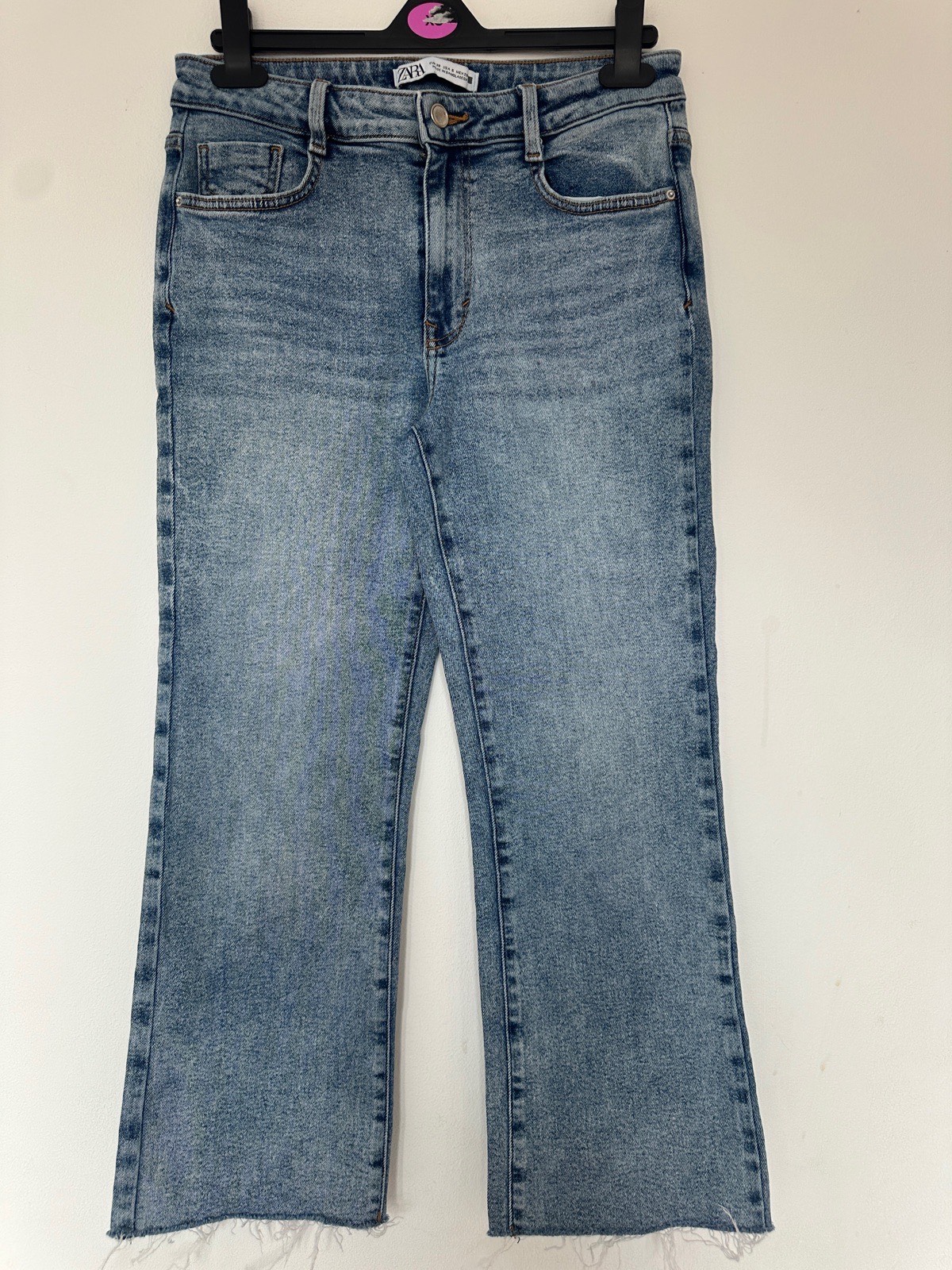 Zara Raw Hem Cropped Flare Jeans Light Wash Blue Denim UK 10