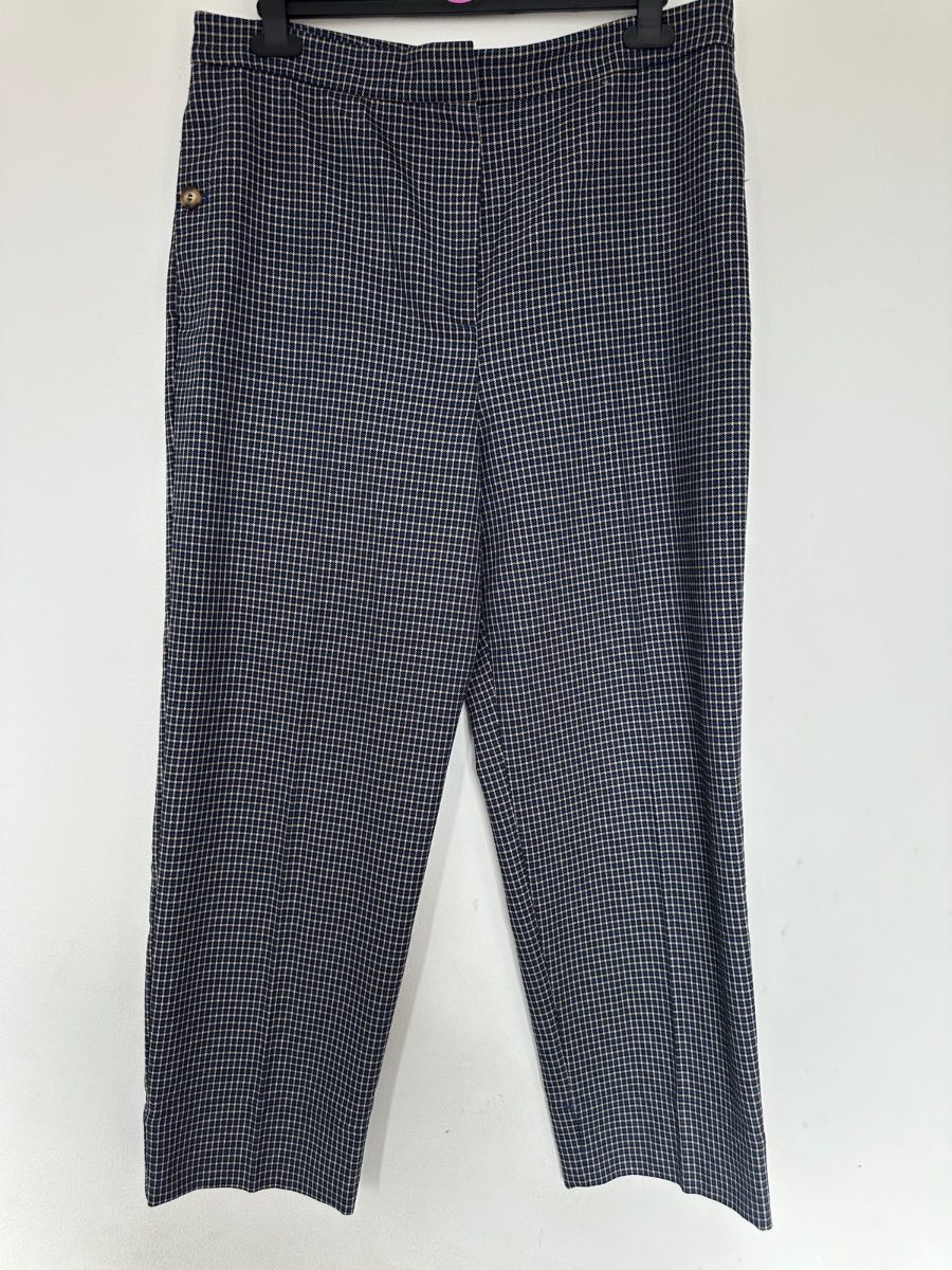 M&S Collection Navy Check Wide Leg Trousers UK 16 Long Smart Tailored High Waist Office Work Women’s