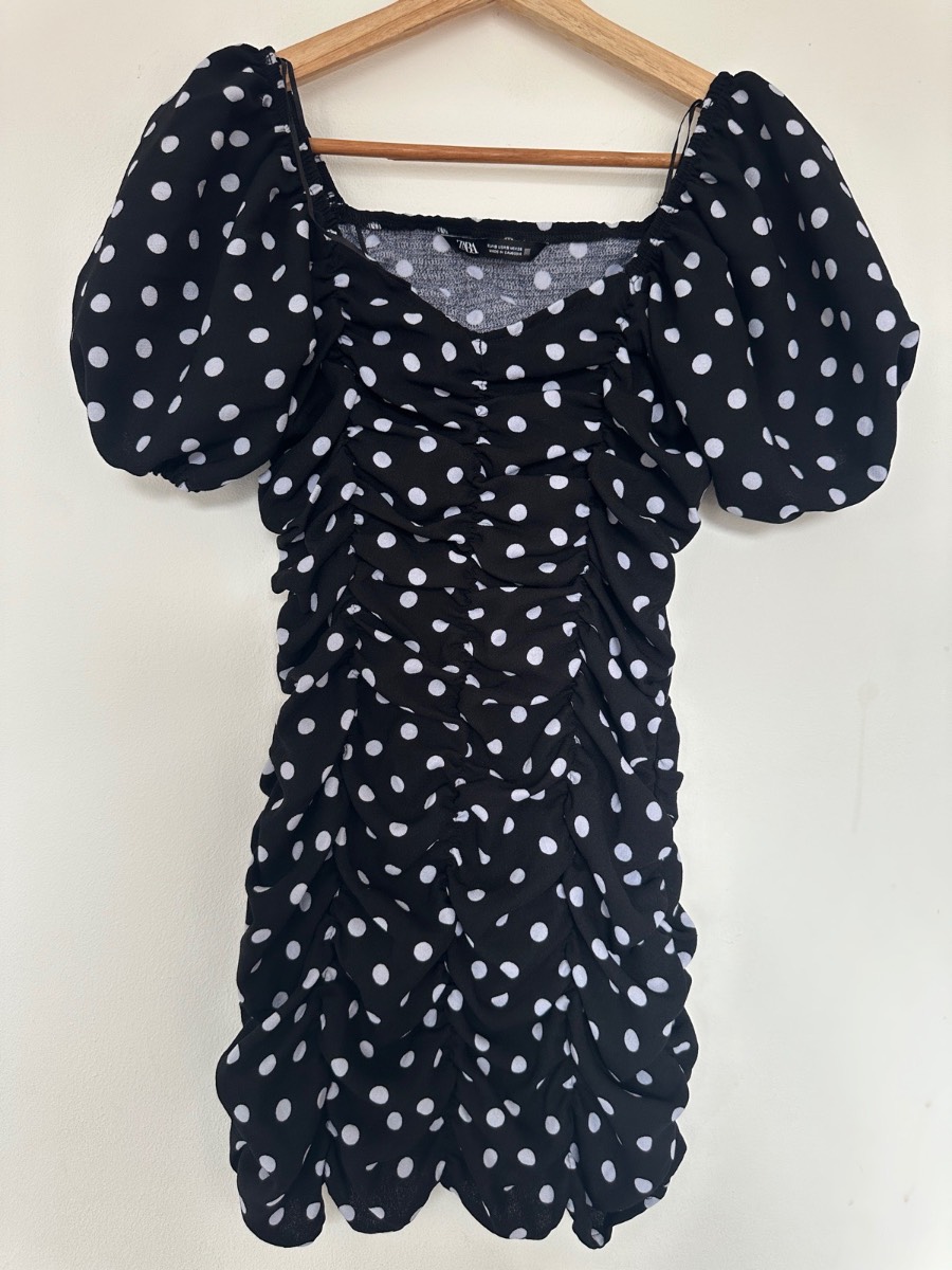 ZARA Black White Polka Dot Ruched Mini Dress Puff Sleeve Square Neck Size S UK 8