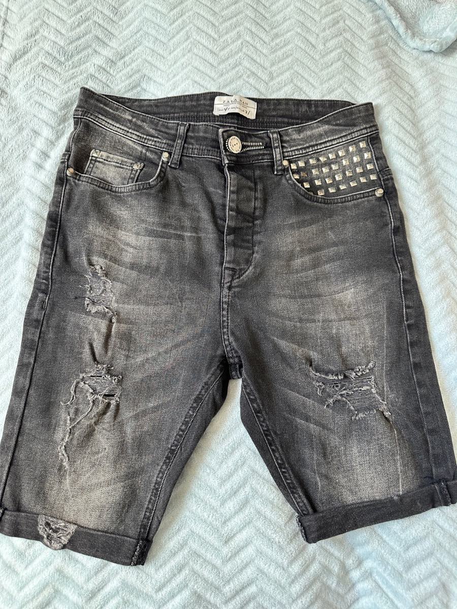 Zara Man Distressed Denim Shorts W31 Grey Black Studded Ripped Jorts Streetwear
