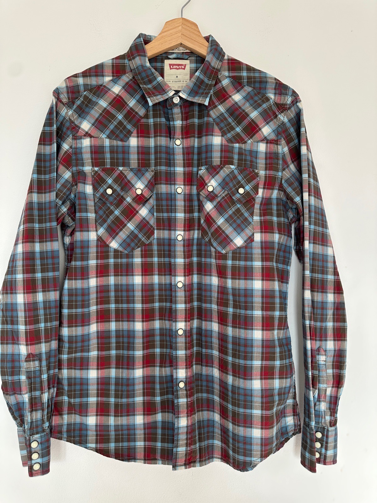 Levi’s Vintage-Style Plaid Western Shirt | Mens M | Blue Red Check | 100% cotton