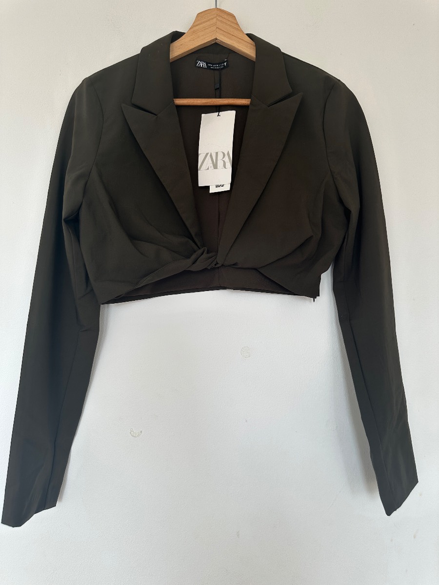 ZARA Cropped Tie Front Blazer Jacket Size M BNWT Dark Olive  Long Sleeve