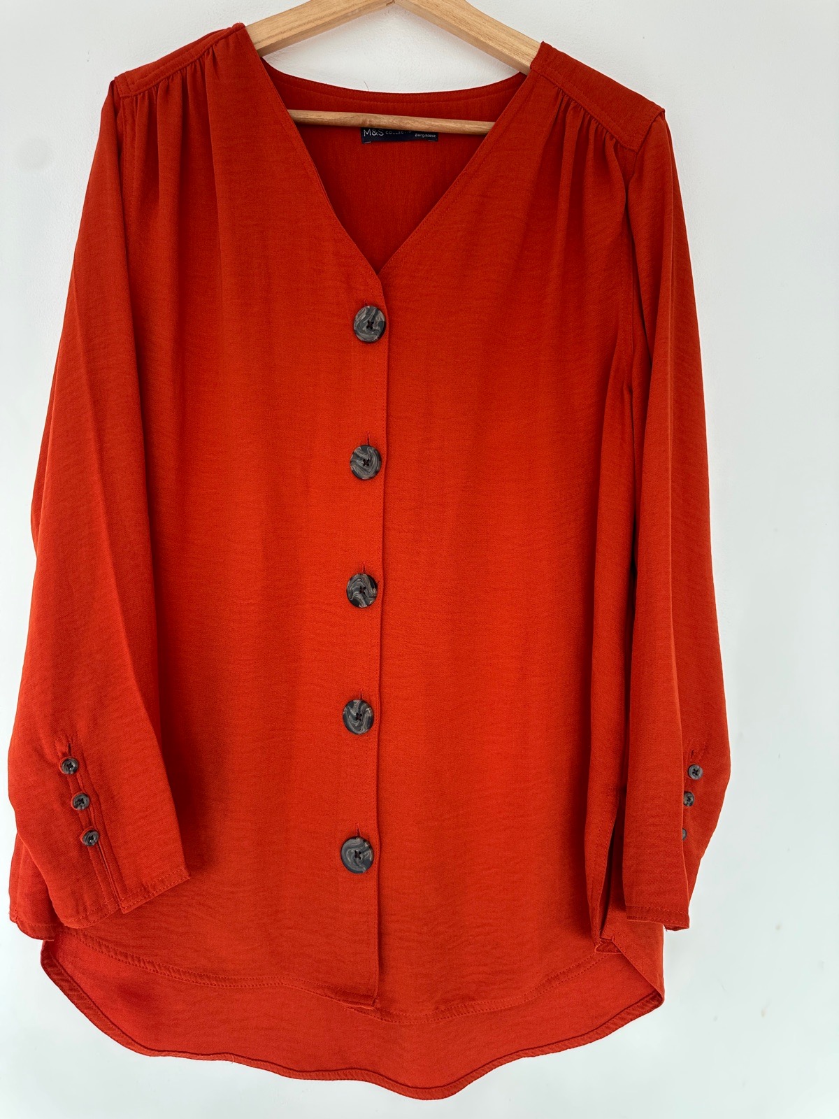 M&S Collection Brick Red Blouse UK 14 | V-Neck Button Front | Long Sleeve