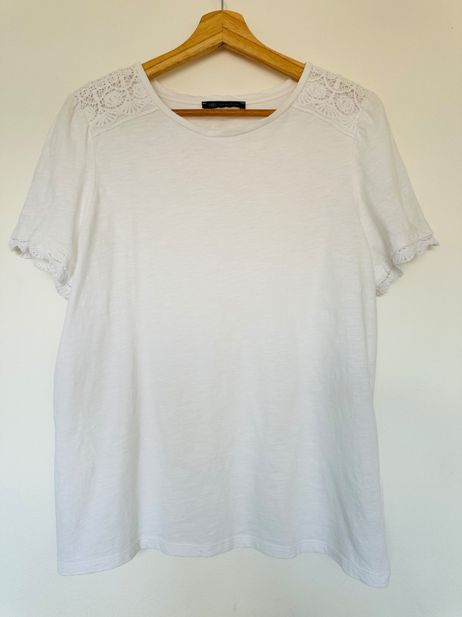 M&S Collection White Lace Insert Top UK 14 Crochet Detail Short Sleeve Summer