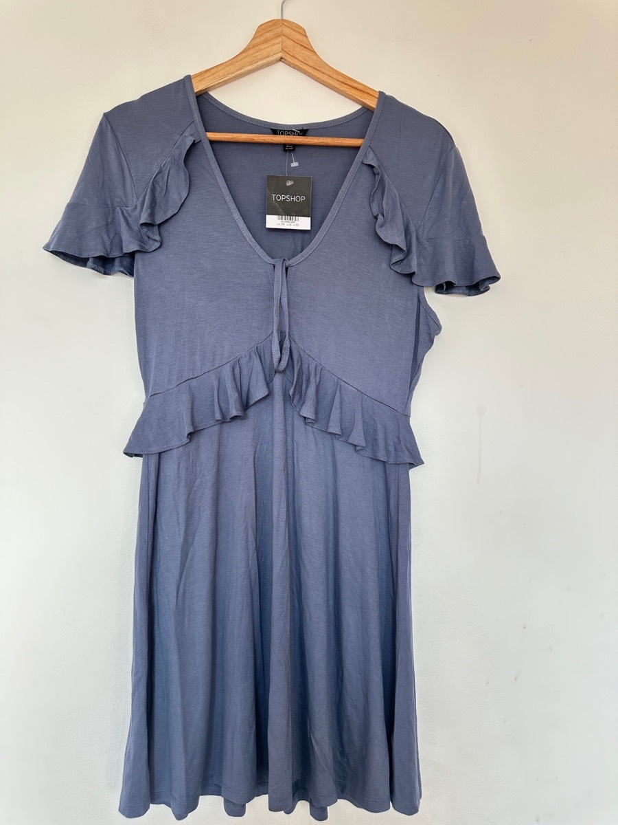 Topshop BNWT Tie-Front Ruffle Mini Summer Dress Dusty Blue/Grey UK 10 Tea Dress