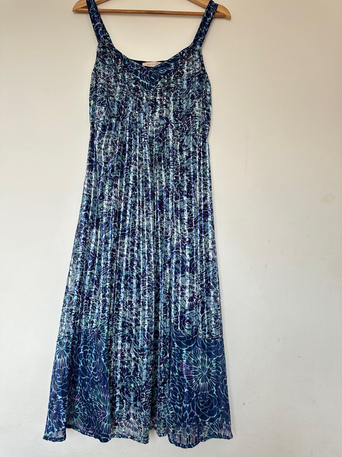 M&S Per Una Blue Teal Floral Midi Dress UK 10 Sleeveless Abstract Print
