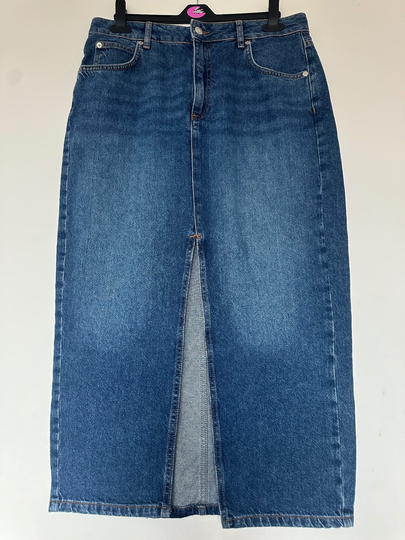 New Look Blue Denim Midi Skirt UK 14 Front Split Slit High Waist A-Line