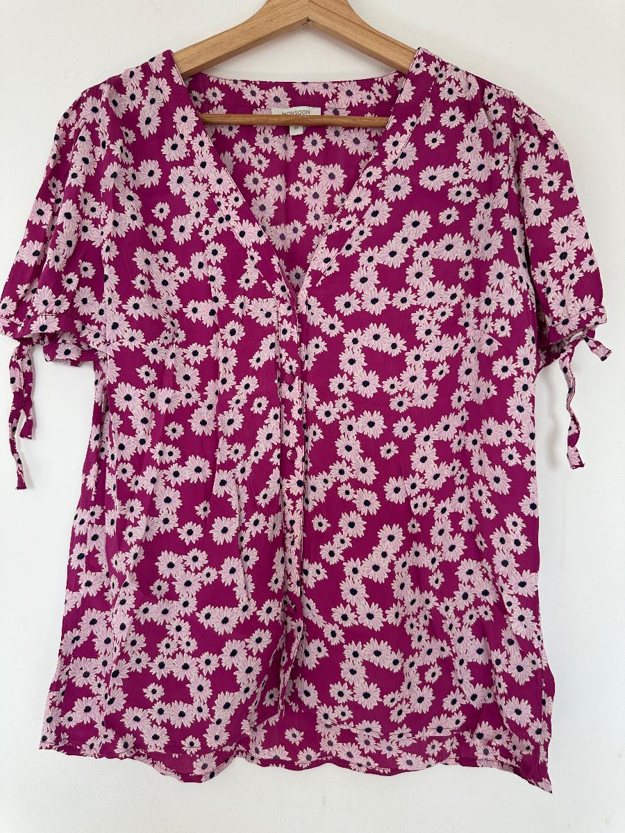 Monsoon Floral Daisy Print Blouse Top Magenta Pink V Neck Tie Sleeve Button Front Size M