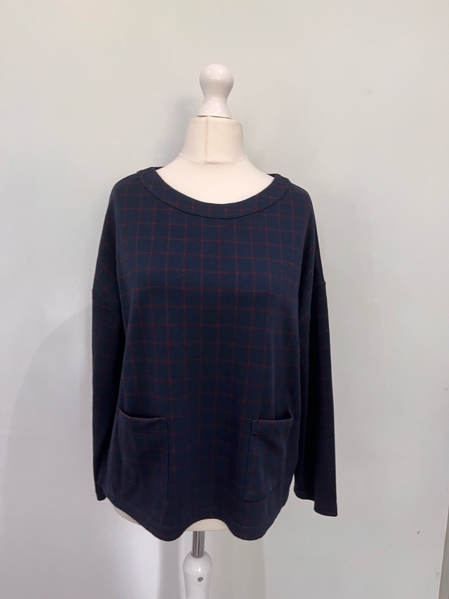 Hobbs Navy Red Check Long Sleeve Top Size L UK 16 18 Pocket Casual Jumper