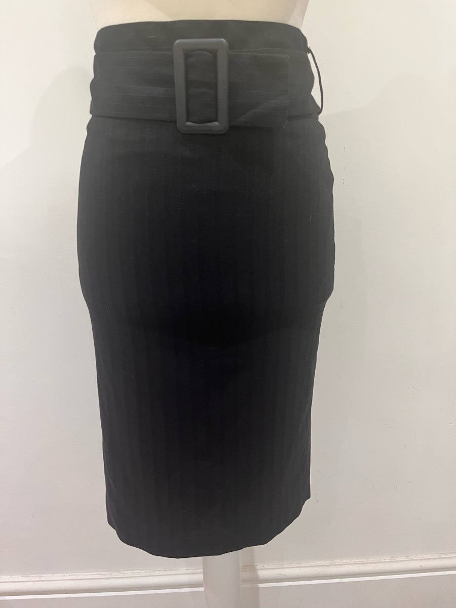 Mexx Size 10 Black Pinstripe High Waist Belted Pencil Skirt