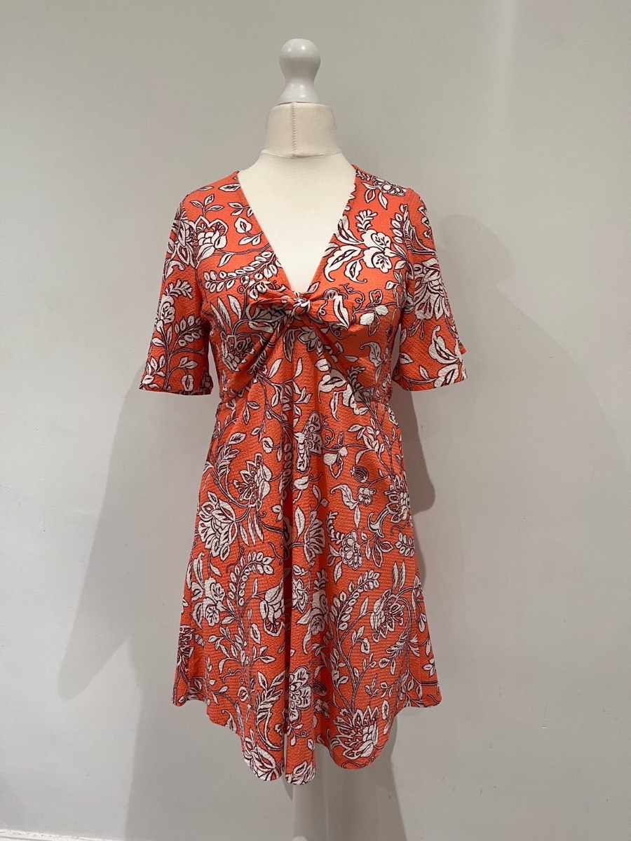 Papaya Coral Floral Tie Front Mini Dress Size 12 Orange Short Sleeve Summer