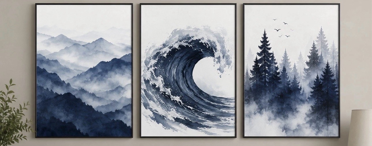 3X A4 blue waves and mountains prints